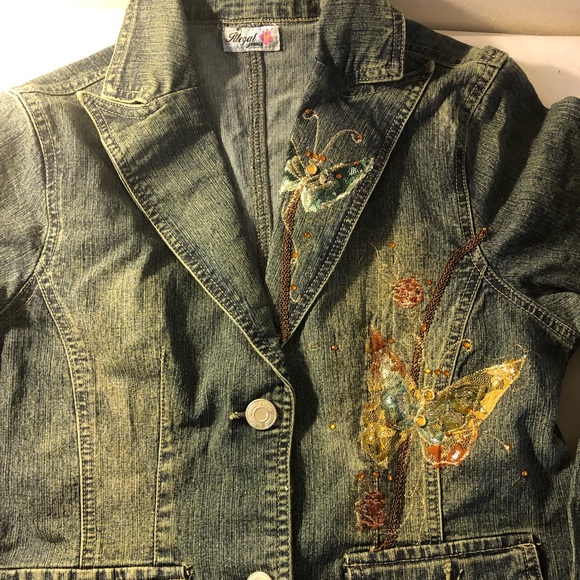 Illegal Jeans Denim Jean blazer jacket butterfly embroidered gem accents L - Picture 2 of 9